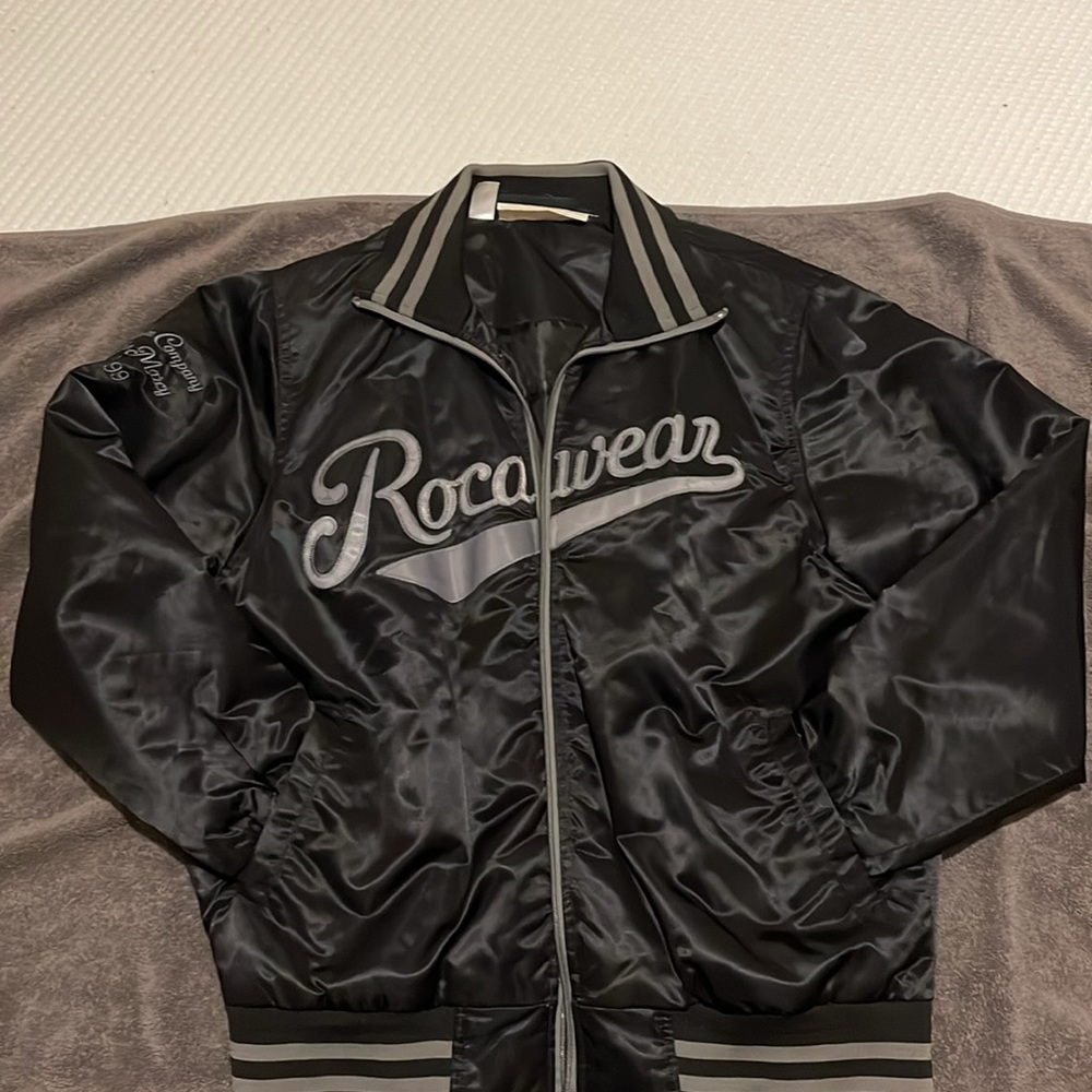Rocawear Baseball Inspired Bomber Jacket Size Large In Black/Grey